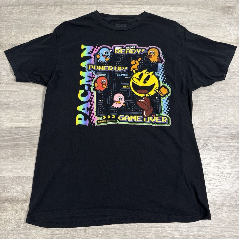 Pac-Man Shirt Arcade Retro Video Game Ghosts Men's Black Tee Large 100% Cotton